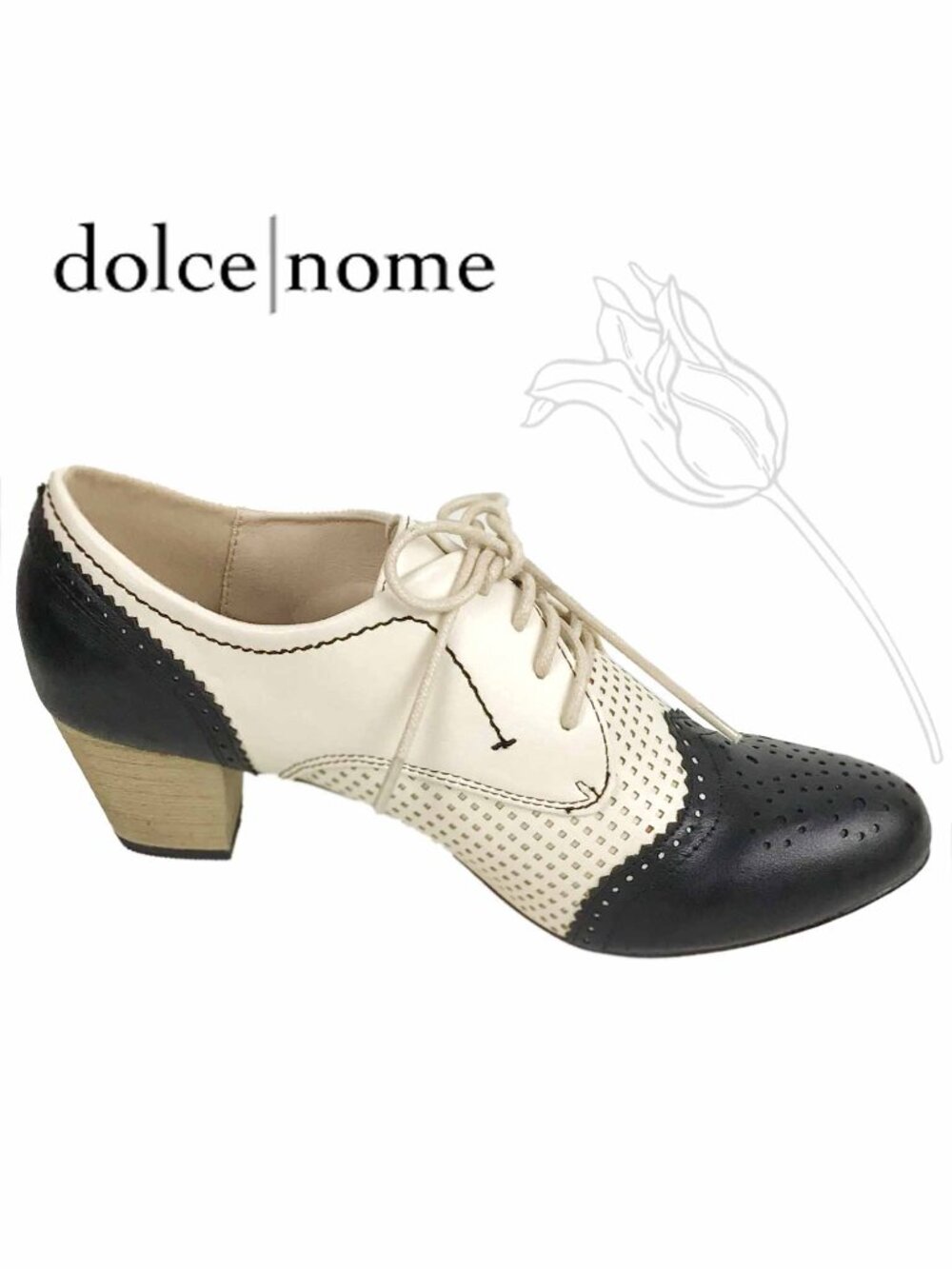 DOLCE NOME SELA Black & Cream Wingtip Oxford Heels Retro